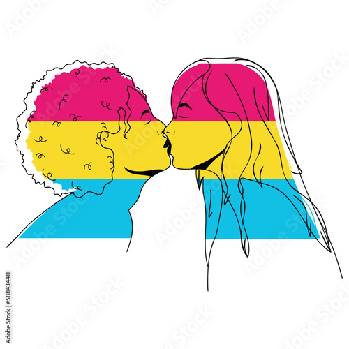 Pansexual people kissing. Pride month. Silhouette in pansexual pride flag colors isolated on white background. 