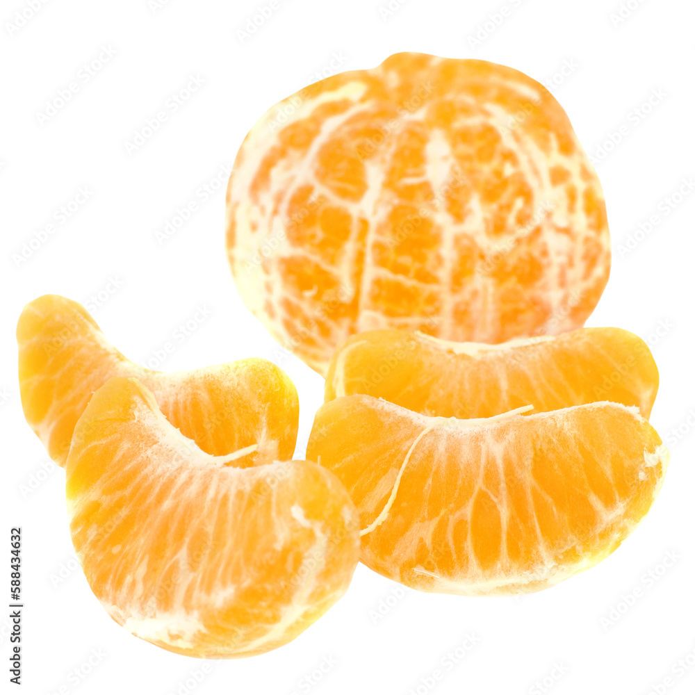 Orange peeled mandarin and slices without skin in PNG isolated on transparent background Orange peeled mandarin and slices without skin in PNG isolated on transparent background