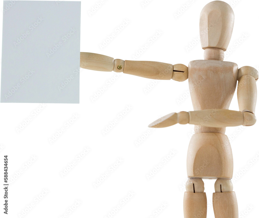 3d image of wooden figurine holding blank white board 3d image of wooden figurine holding blank white board
