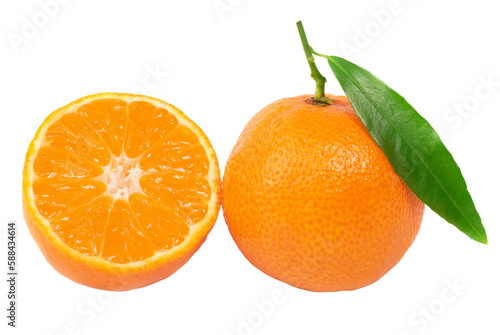 Orange mandarins with green leaf in PNG isolated on transparent background