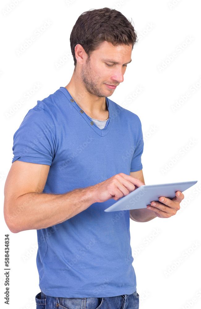 Man scrolling through tablet pc Man scrolling through tablet pc