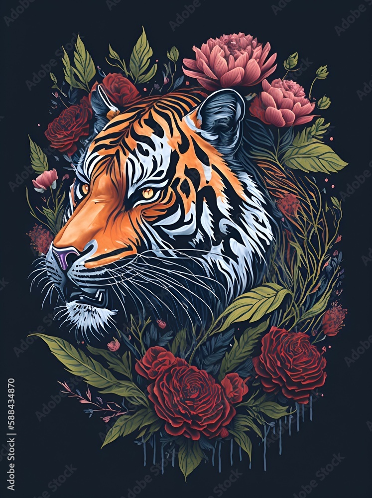 Fototapeta Tiger in flowers. AI generated illustration