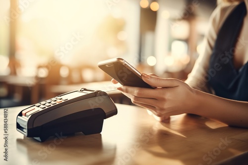 customer using their smartphone to make a payment through Near Field Communication NFC technology, highlighting the convenience and security of contactless payments. Generative AI