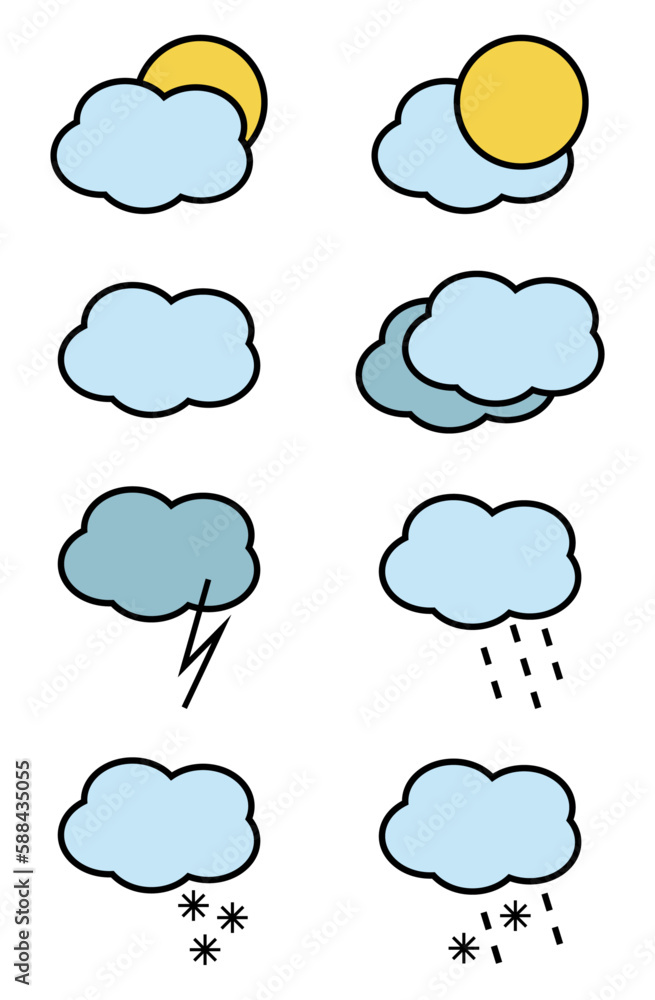 Set of blue clouds. Weather icons set. Weather forecast Set of blue clouds. Weather icons set. Weather forecast