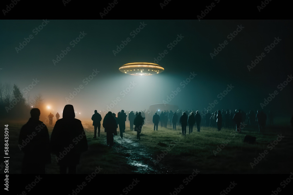 Hundreds of people walking towards a large UFO in the mist, late night time. High quality generative ai Hundreds of people walking towards a large UFO in the mist, late night time. High quality generative ai