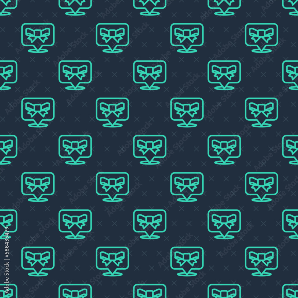 Obraz premium Green line Gift bow icon isolated seamless pattern on blue background. Vector