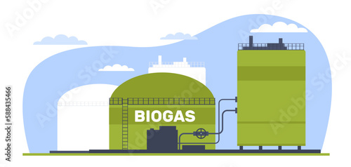 Biogas plant, green energy, alternative diesel. Environmental care, eco bio petroleum on gas station, renewable source, biofueling storage. Cartoon flat illustration. Vector concept photo