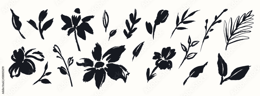 Abstract vector flowers and leaves drawn with ink brush. Black plant elements isolated on white background - obrazy, fototapety, plakaty 