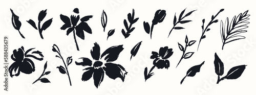 Abstract vector flowers and leaves drawn with ink brush. Black plant elements isolated on white background