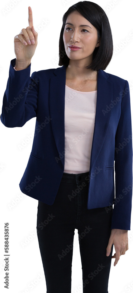 Businesswoman touching invisible screen Businesswoman touching invisible screen