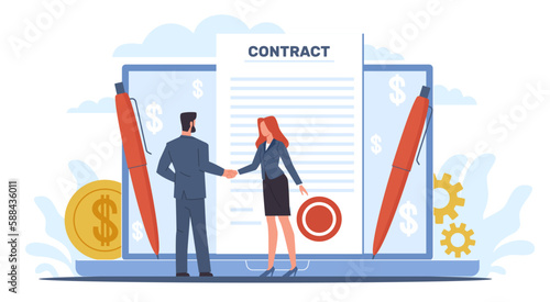 Businessmen man and woman sign contract, formal agreement. Tiny people handshaking and huge document. Professional relationships. Legal deal. Cartoon flat illustration. Vector concept