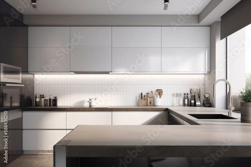 Modern kitchen  clean interior design concept. Illustration. Generative AI