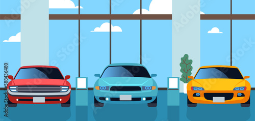 Car showroom with new modern cars. Automotive shop interior, cartoon flat style isolated illustration. Auto parking in line indoors, autos exhibition inside, dealer center. Vector concept