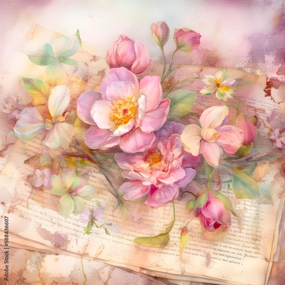 Pink Floral shabby chis background, scrapbookig paper background, junk journal paper, printable paper