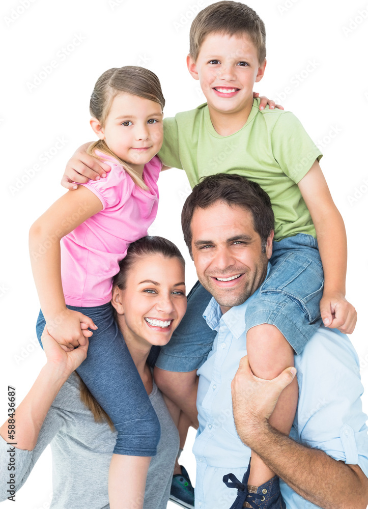 Portrait of smiling parents carrying children on shoulders 