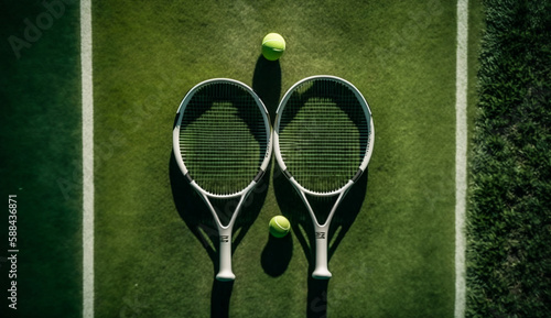 tennis racket and ball on green grass 