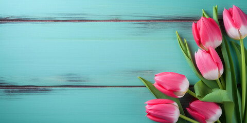 Tulip border with copy space. Beautiful frame composition of spring flowers. Bouquet of pink tulips flowers on turquoise blue vintage wooden background