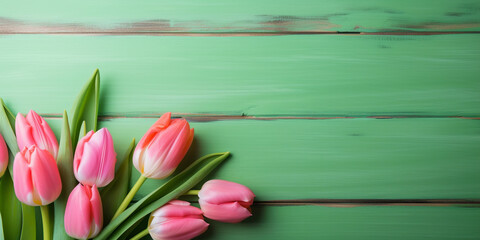 Tulip border with copy space. Beautiful frame composition of spring flowers. Bouquet of pink tulips flowers on green vintage wooden background
