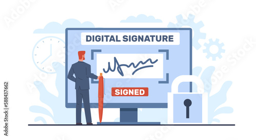 Concept of digital signature, businessman signs an agreement or contract online. Man hold pen, document on computer screen, electronic technology cartoon flat isolated vector concept