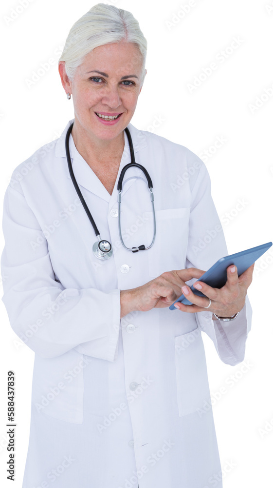 Smiling female doctor using table computer Smiling female doctor using table computer