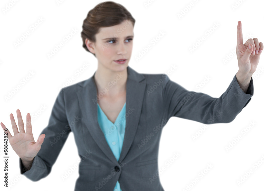 Businesswoman with arms raised while using invisible digital screen Businesswoman with arms raised while using invisible digital screen
