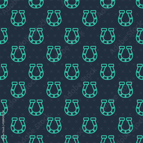 Green line Horseshoe icon isolated seamless pattern on blue background. Vector