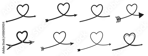 Black hand drawn heart with arrow symbol line art illustration vector, isolated on white background