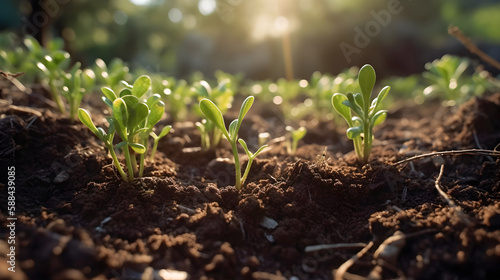 Plants growing out of the ground at sunset. High quality. Gerative ai