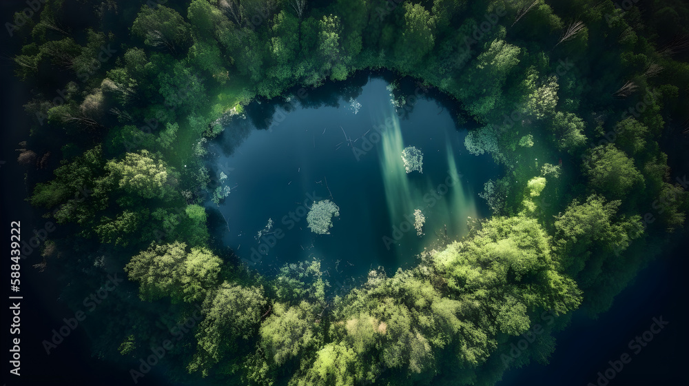 Aerial landscape of a lake in the middle of a forest. Mother nature. Generative ai