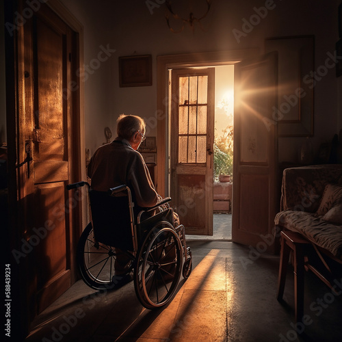 homme en chaise roulante au coucher du soleil - IA Generative 