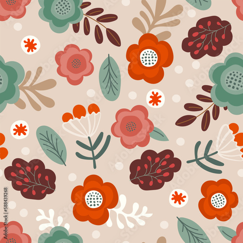 Floral pattern with hand-drawn elegant flowers in a seamless design with a vintage feel.