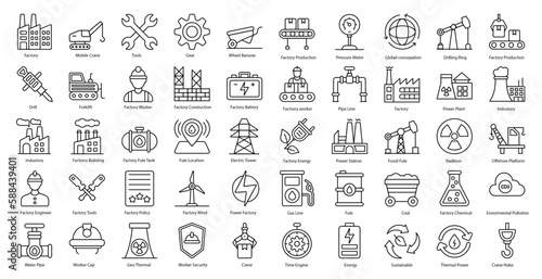 Factory Thin Line Icons Production Machine Industry Iconset in Outline Style 50 Vector Icons in Black