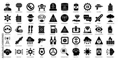 Cyberpunk Glyph Icons Technology Augmented Reality Iconset in Glyph Style 50 Vector Icons in Black