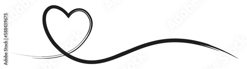 Black hand drawn heart symbol line art banner panorama illustration vector, isolated on white background
