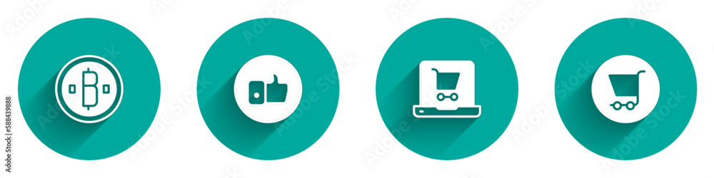 Set Cryptocurrency coin Bitcoin, Hand like, Shopping cart on screen laptop and icon with long shadow. Vector Set Cryptocurrency coin Bitcoin, Hand like, Shopping cart on screen laptop and icon with long shadow. Vector