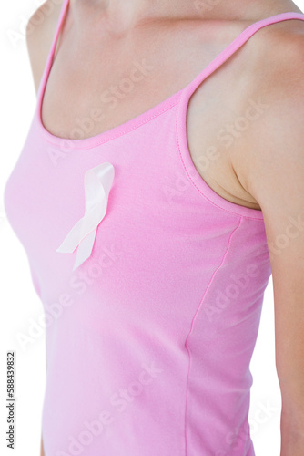 Woman wearing pink ribbon for breast cancer awareness