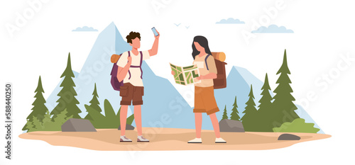 Guy and girl get lost in woods and search for directions with help of map and satellite navigation. Young tourists hiking in forest. Active lifestyle cartoon flat illustration. Vector concept