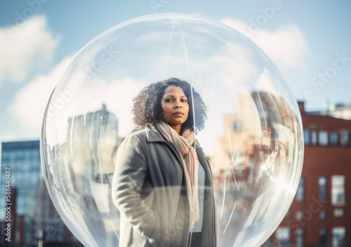 Middle-aged black woman inside a transparent bubble on a city street. Depiction of modern isolation and filter bubble of social media. Made with generative AI