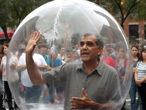 Middle-aged Hispanic man inside a transparent bubble on a crowded city street. Depiction of modern isolation and filter bubble of social media. Made with generative AI