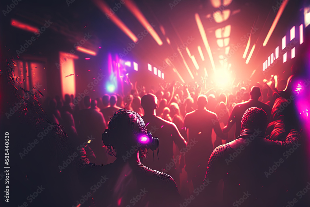 Party people on the show. Night club with lights and dancing people. Party crowd. Generated AI. Party people on the show. Night club with lights and dancing people. Party crowd. Generated AI.