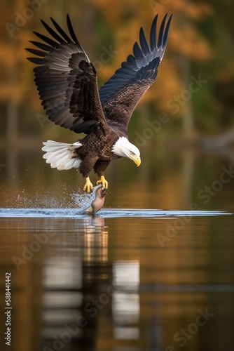 American Eagle's Catch with a Close-Up of a Majestic Raptor Catching Fish in a Serene Lakeside Setting Generated by AI