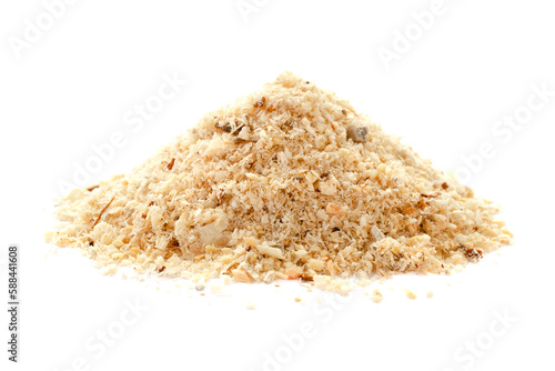 Wood sawdust isolated on white background, top view. Heap of sawdust isolated on white background. Wood sawdust on a white background, top view. Pile of wood shavings isolated on white background.
