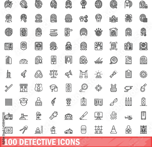 100 detective icons set. Outline illustration of 100 detective icons vector set isolated on white background