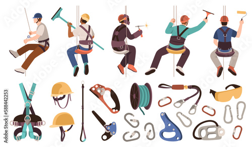 Industrial climbing equipment. Dangerous works people, windows cleaning, wall insulation, safety cables, helmets and fasteners, cartoon flat isolated illustration isolated, tidy vector set