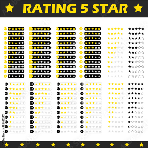 Rating stars icons set. Vector illustration. Yellow stars shape from one to five. Feedback evaluation with stars shape.
