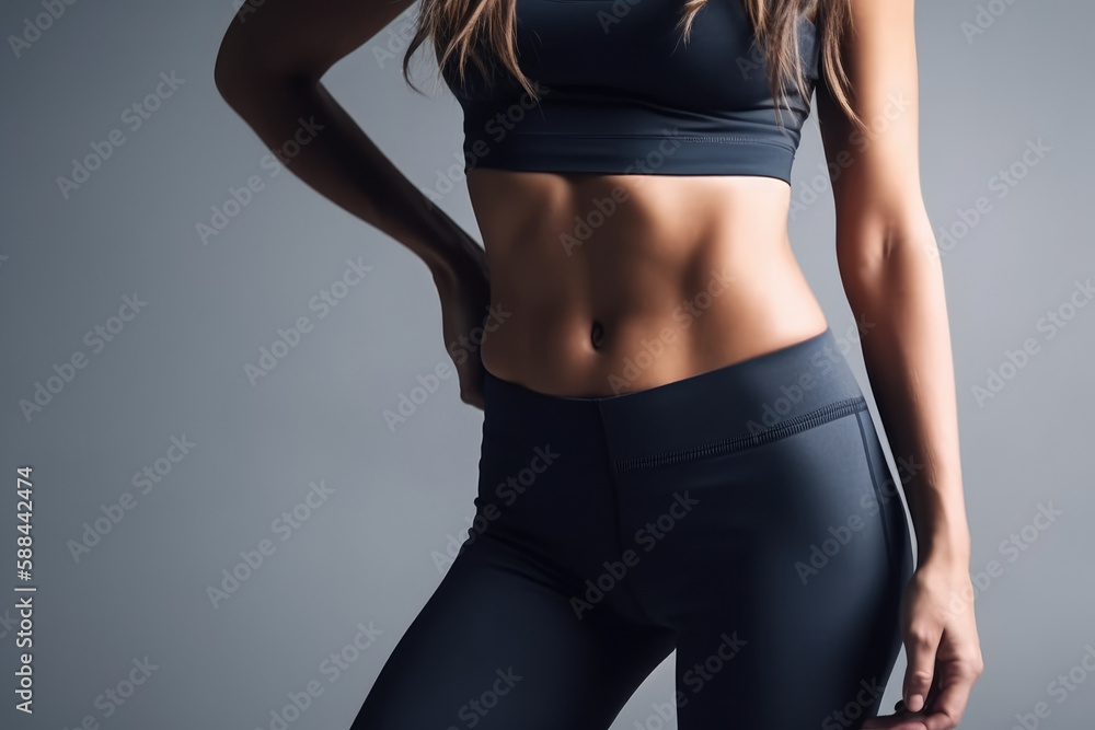 Fototapeta premium Close-up of a slender athletic woman's belly. A girl in sports leggings. Generative AI