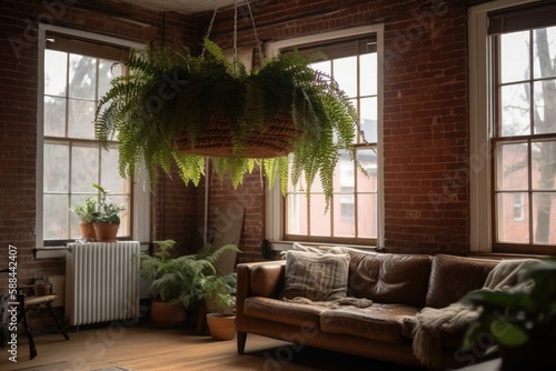Boston Fern With Delicate Fronds In A Hanging Planter In A Rustic Farmhouse. Generative AI