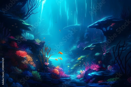 Underwater landscape, digital art. Generative AI © PIRMYN