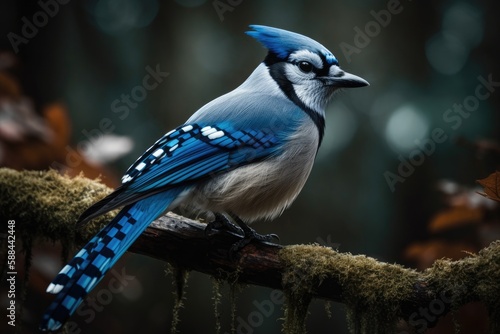 Blue Jay Bird Perched On A Branch. Generative AI