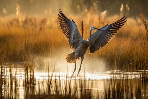 Crane Bird Taking Flight Over A Marshland. Generative AI © Anastasiia